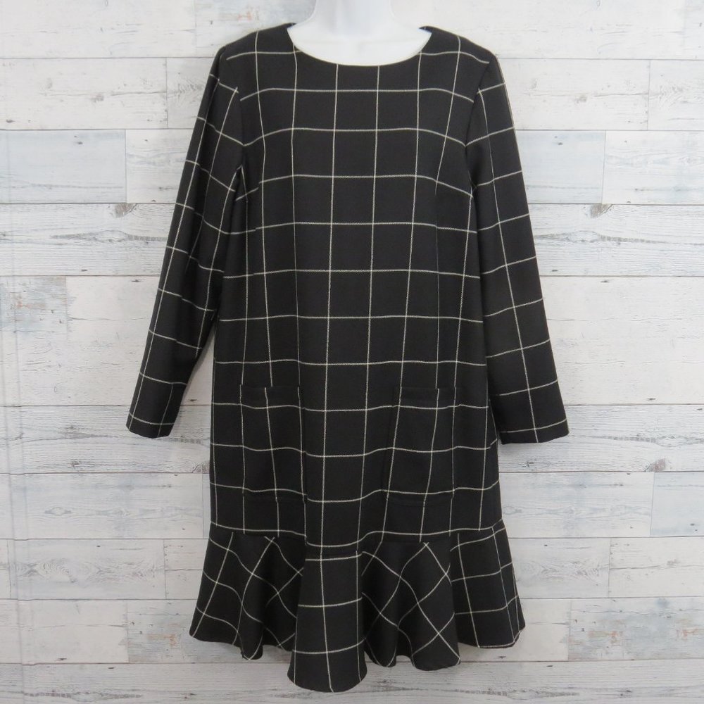 Pendleton Black White Grid Windowpane Wool Dress Long Sleeve Ruffle Women's 12